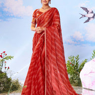 Red floral printed silk blend saree festive wear 
