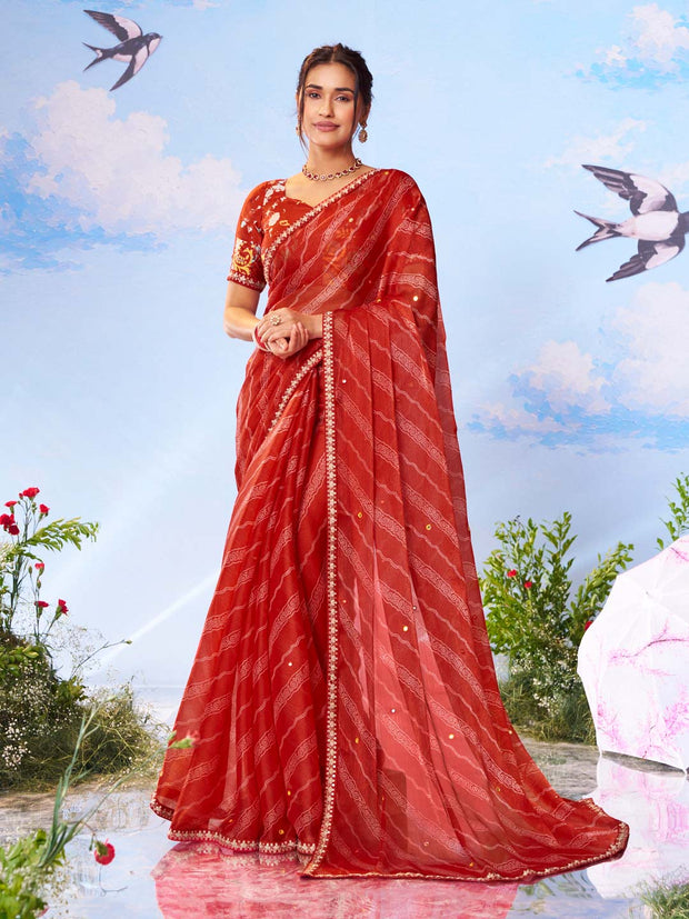 Red floral printed silk blend saree festive wear 