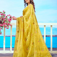 Yellow floral embroidered chiffon saree elegant wear