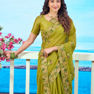 Olive Green floral embroidered Chiffon saree party wear