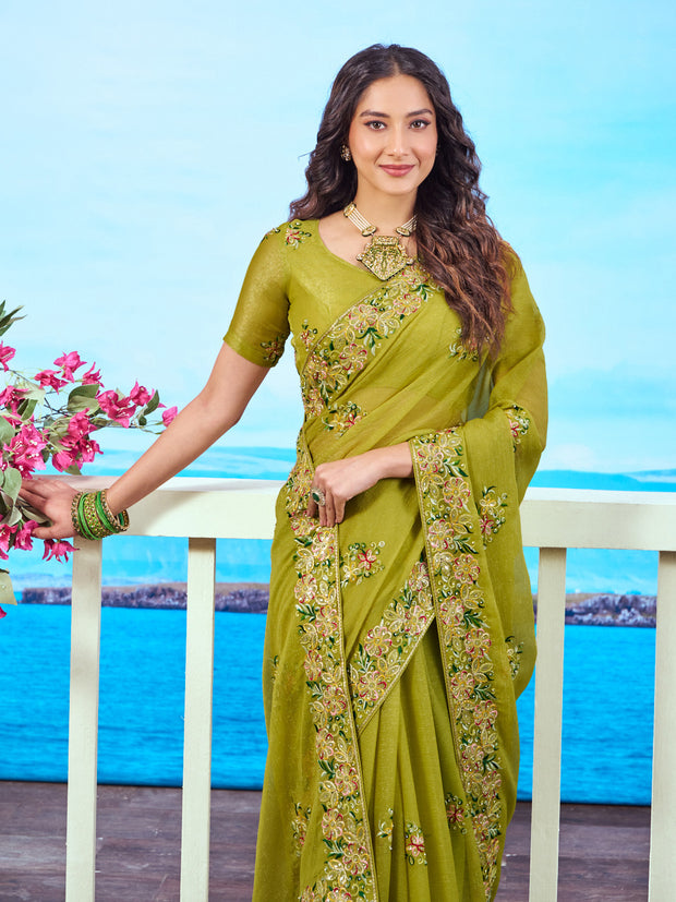 Olive Green floral embroidered Chiffon saree party wear