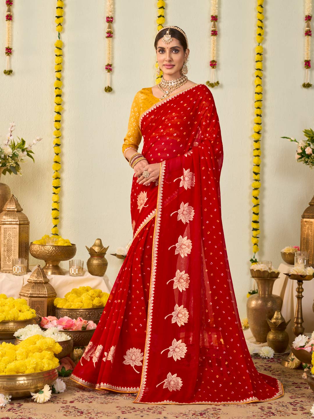 Red bandhani printed georgette saree festive wear
