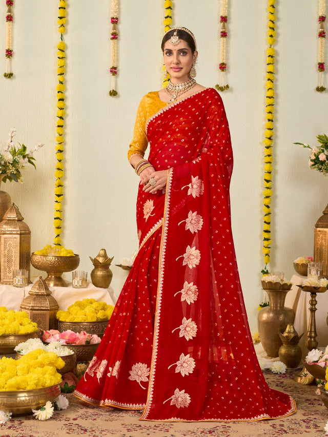 Red bandhani printed georgette saree festive wear