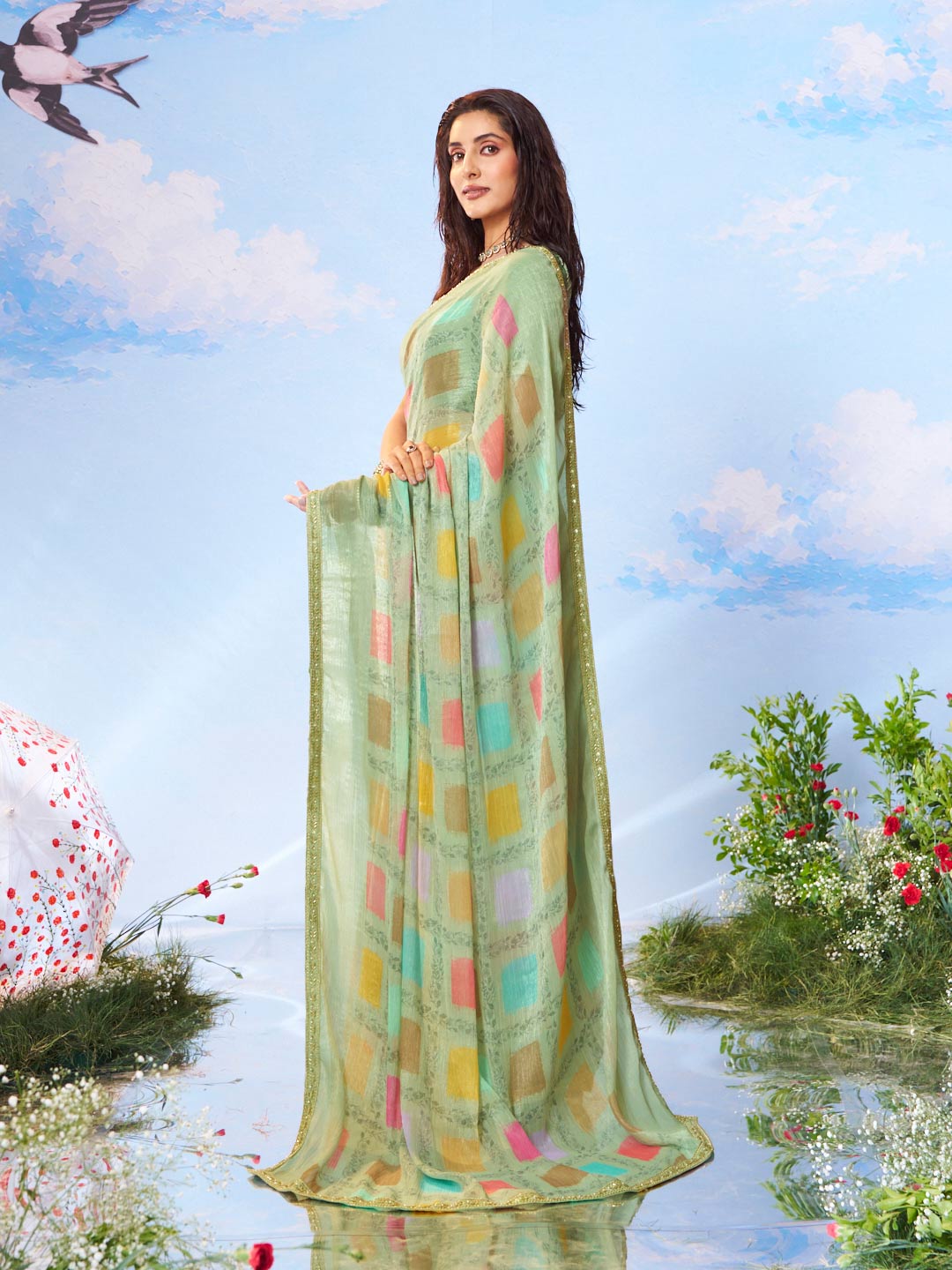  Green woven silk saree party wear
