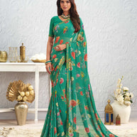 Green floral printed georgette saree daily wear
