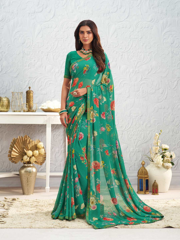 Green floral printed georgette saree daily wear