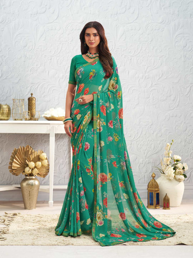 Green floral printed georgette saree daily wear
