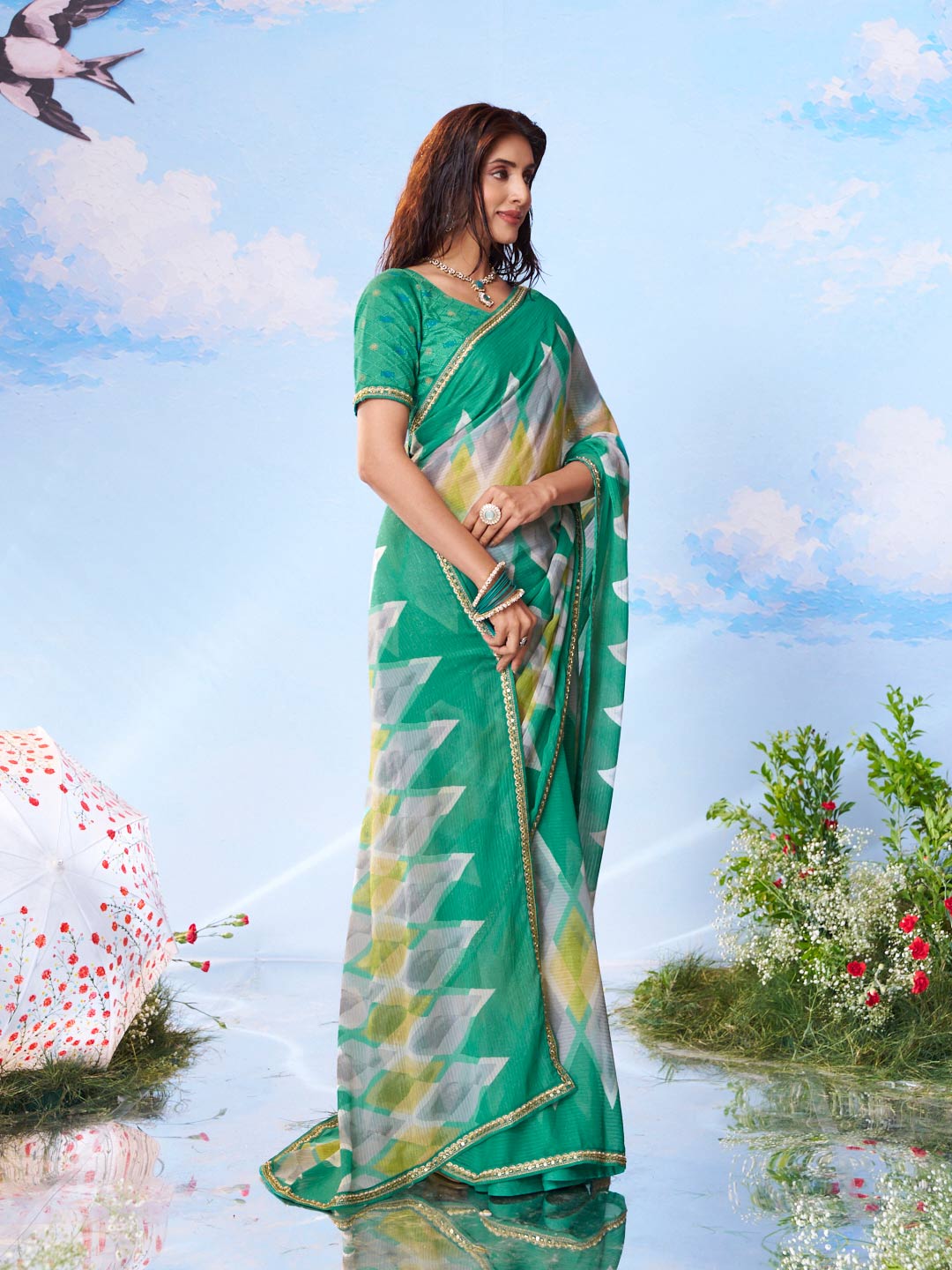 Green geometric printed chiffon saree wedding wear