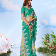 Green geometric printed chiffon saree wedding wear