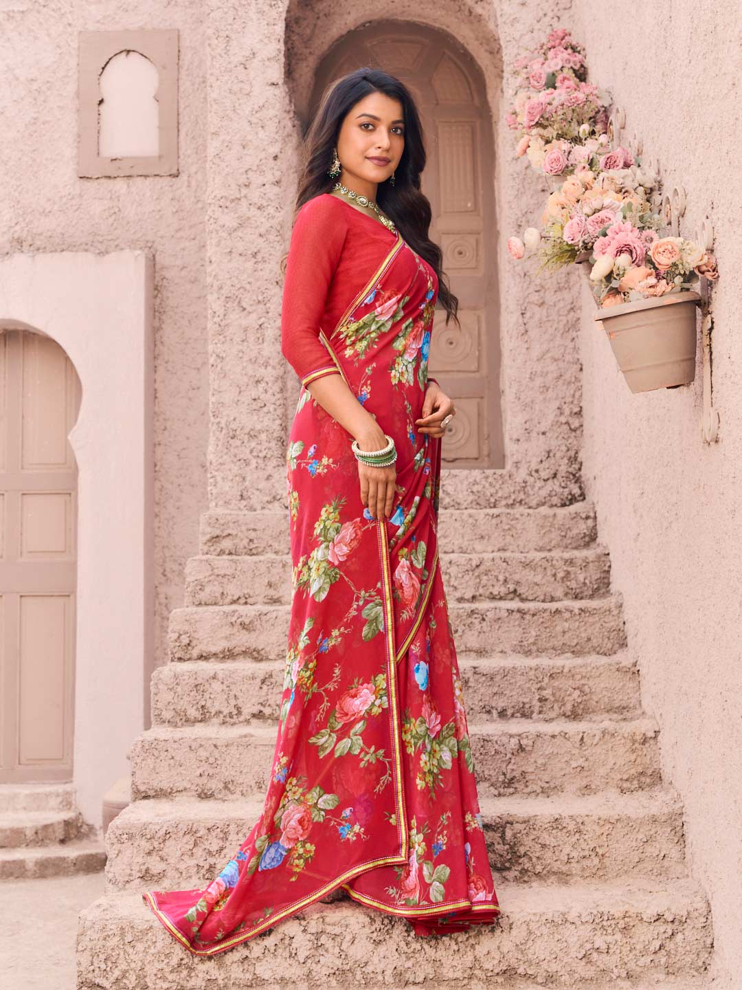 modern pink digital print saree