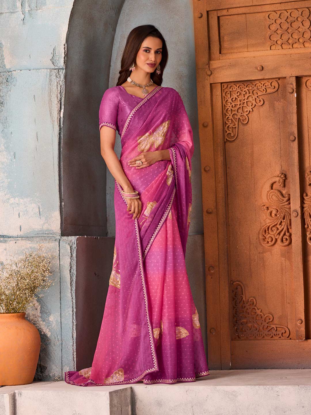 Purple butterfly printed chiffon saree festive wear