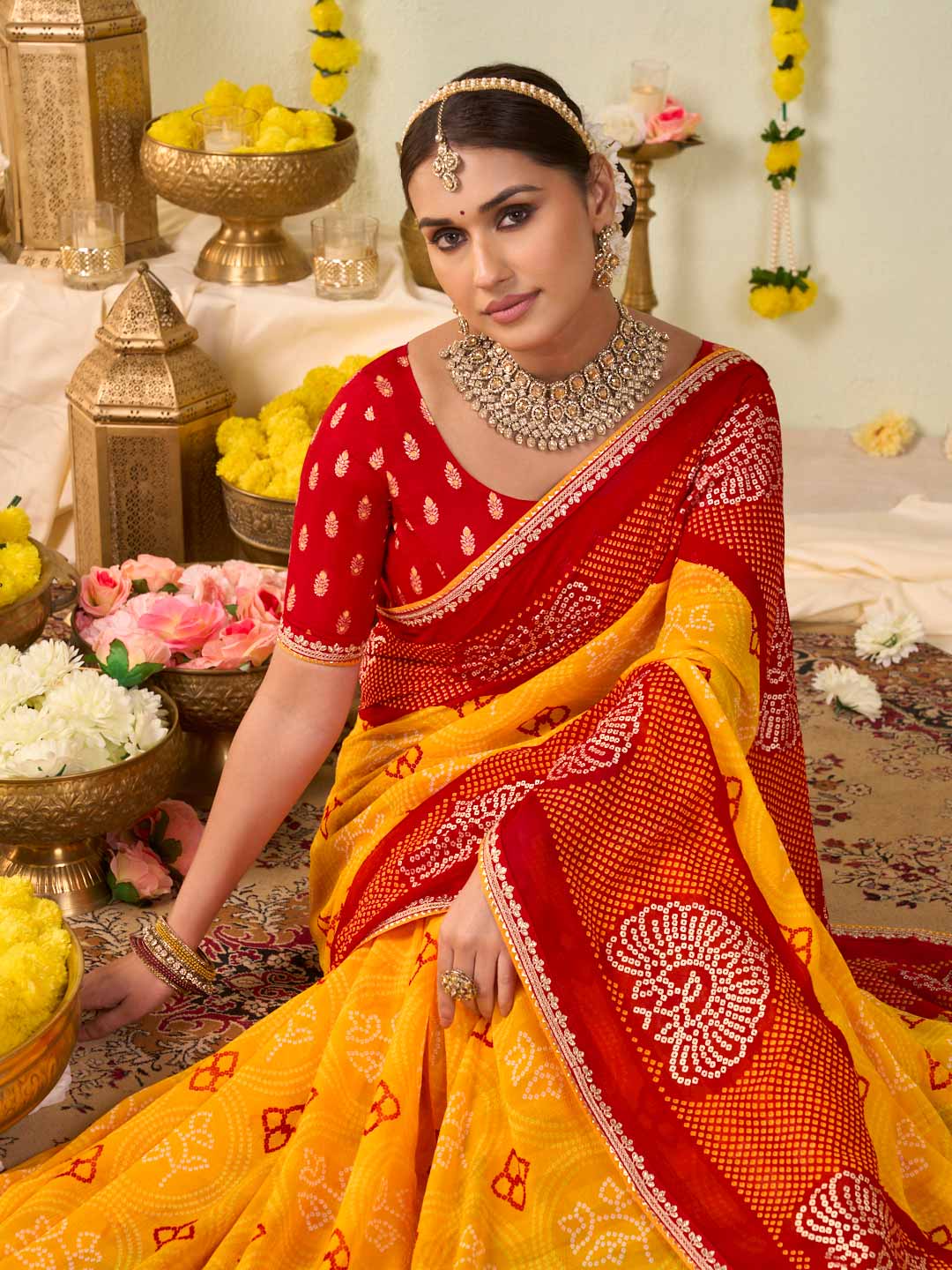 Yellow bandhani printed georgette saree casual wear