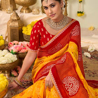 Yellow bandhani printed georgette saree casual wear