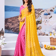 Yellow striped printed chiffon saree modern look