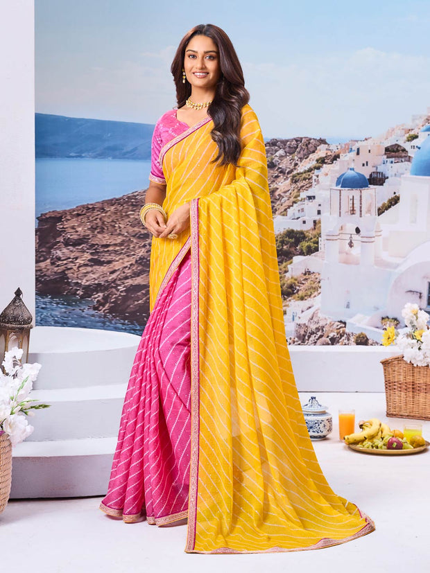Yellow striped printed chiffon saree modern look