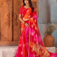 Red bandhani printed chiffon saree festive wear