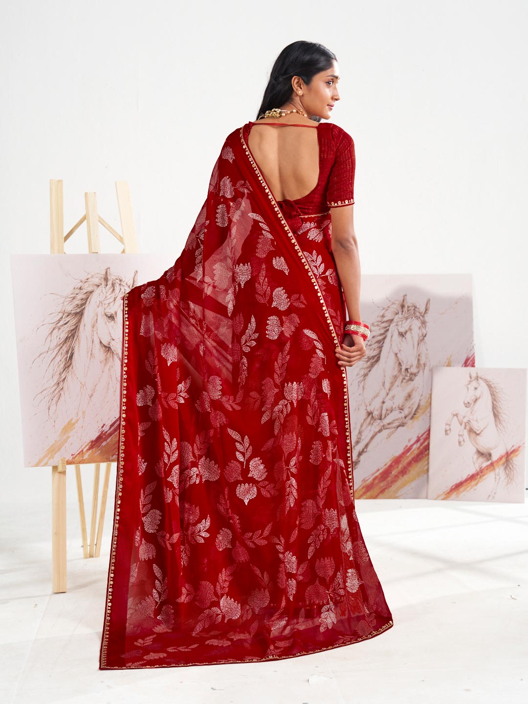 Laxmipati Murli Red Chiffon Floral Saree