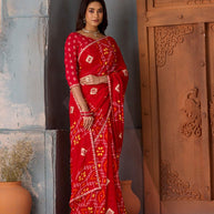 Red geometric printed georgette saree casual wear