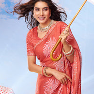 Peach swirl floral printed chiffon saree wedding wear