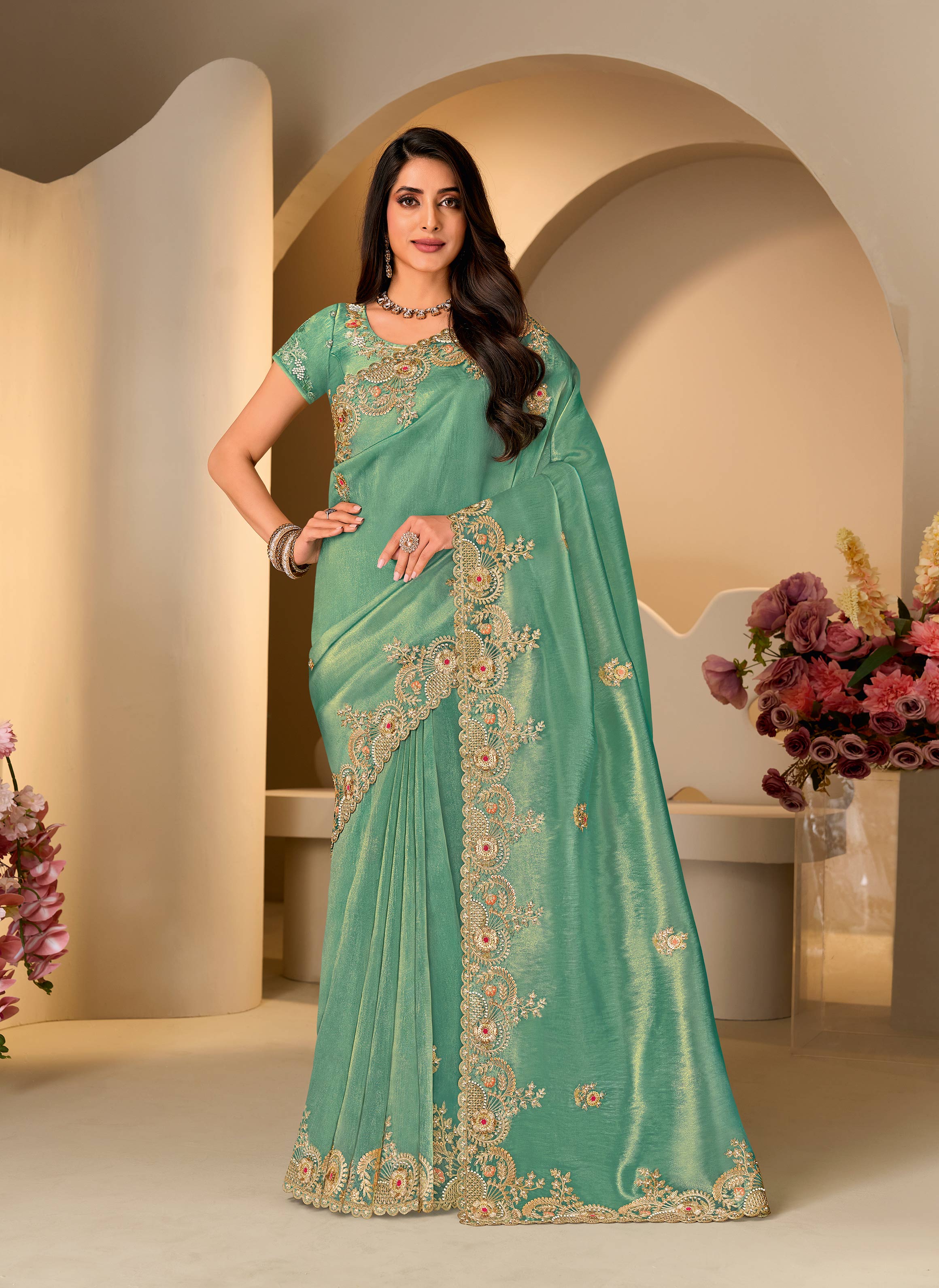 Blue embroidered tissue organza saree festive wear