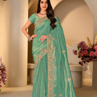 Blue embroidered tissue organza saree festive wear