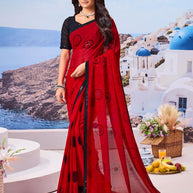 Red geometric sequin georgette saree party wear