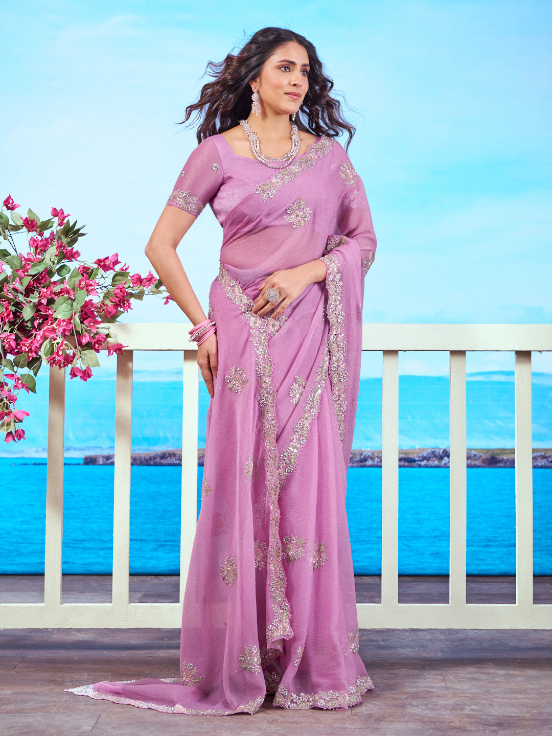 Purple floral embroidered chiffon saree casual wear