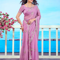 Purple floral embroidered chiffon saree casual wear