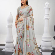 Grey floral printed georgette saree daily wear