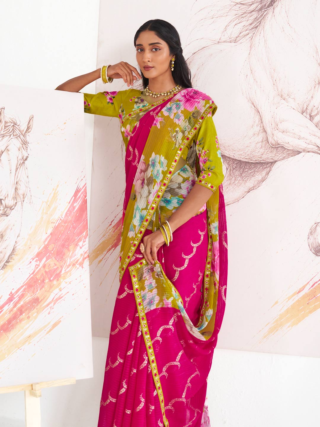 Laxmipati Murli Pink Chiffon Floral Saree