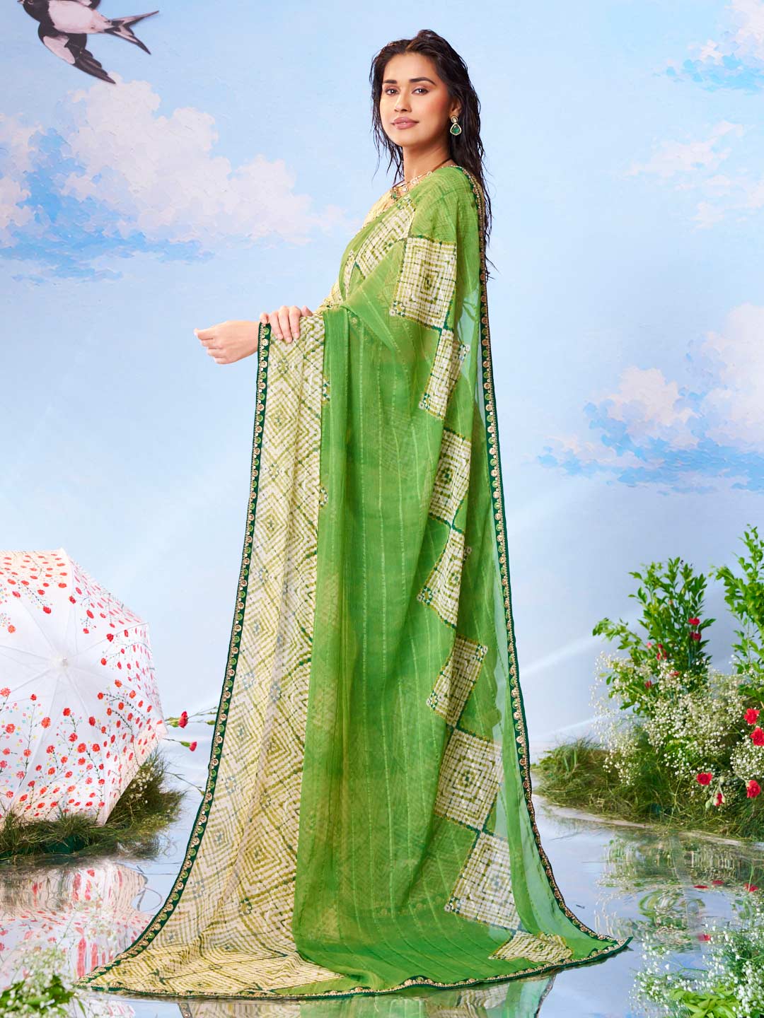 Green embroidered silk saree wedding wear