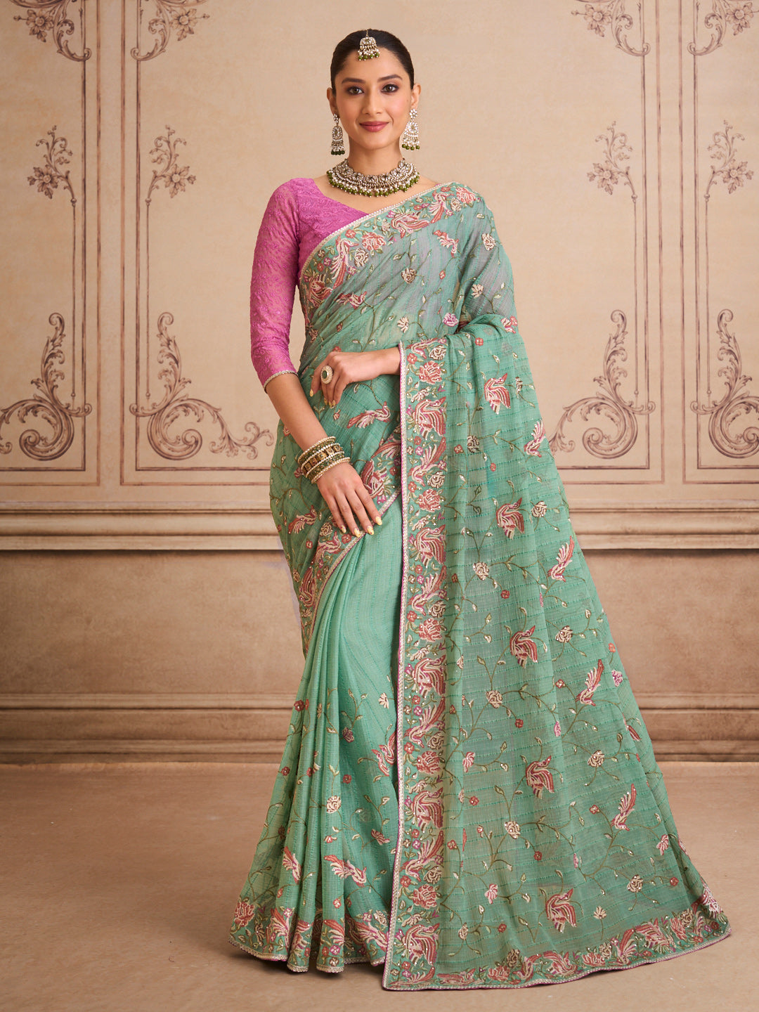 Green embroidered chiffon saree festive wear