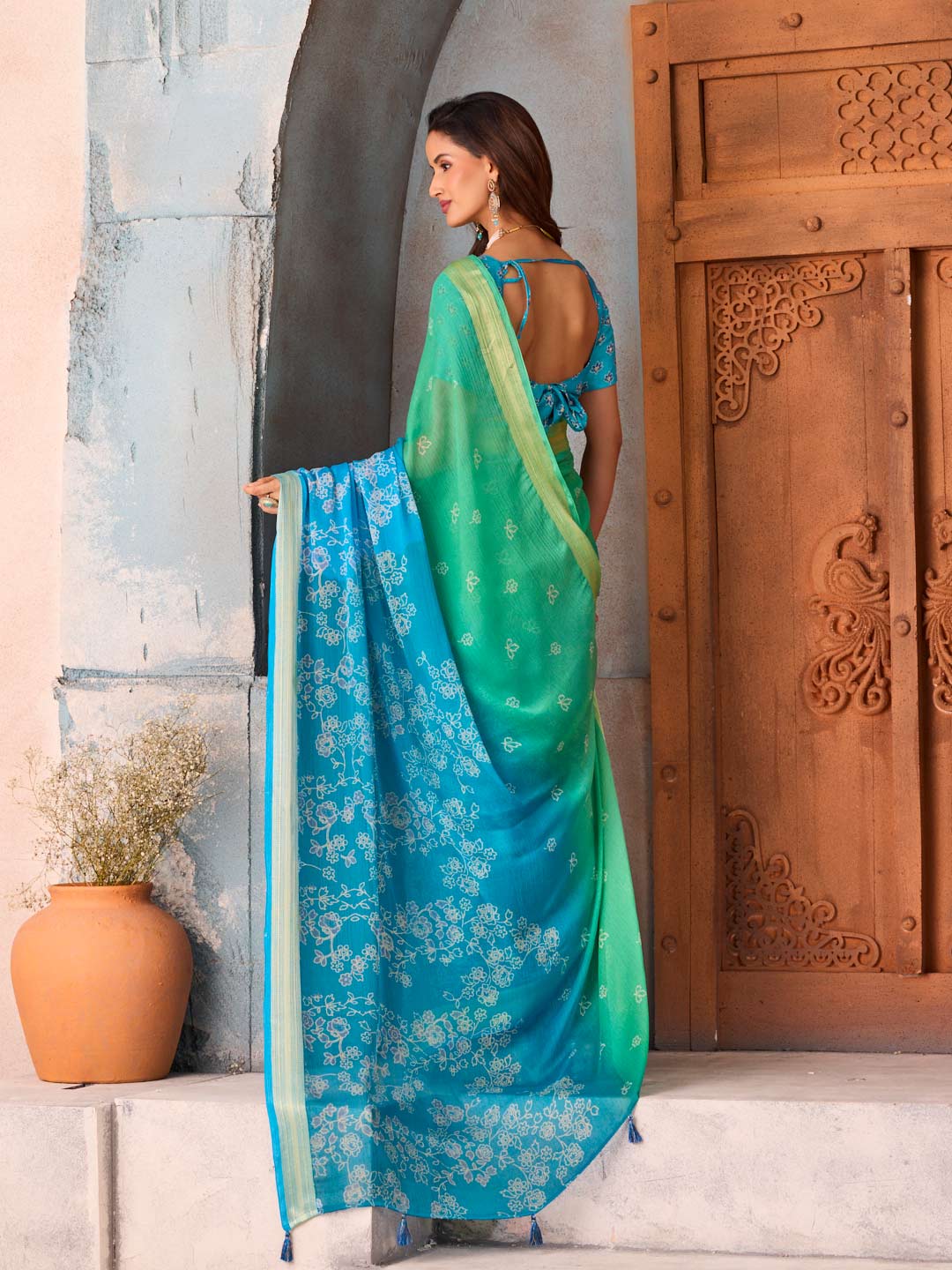Blue floral printed chiffon saree casual wear