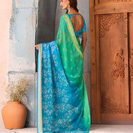 Blue floral printed chiffon saree casual wear