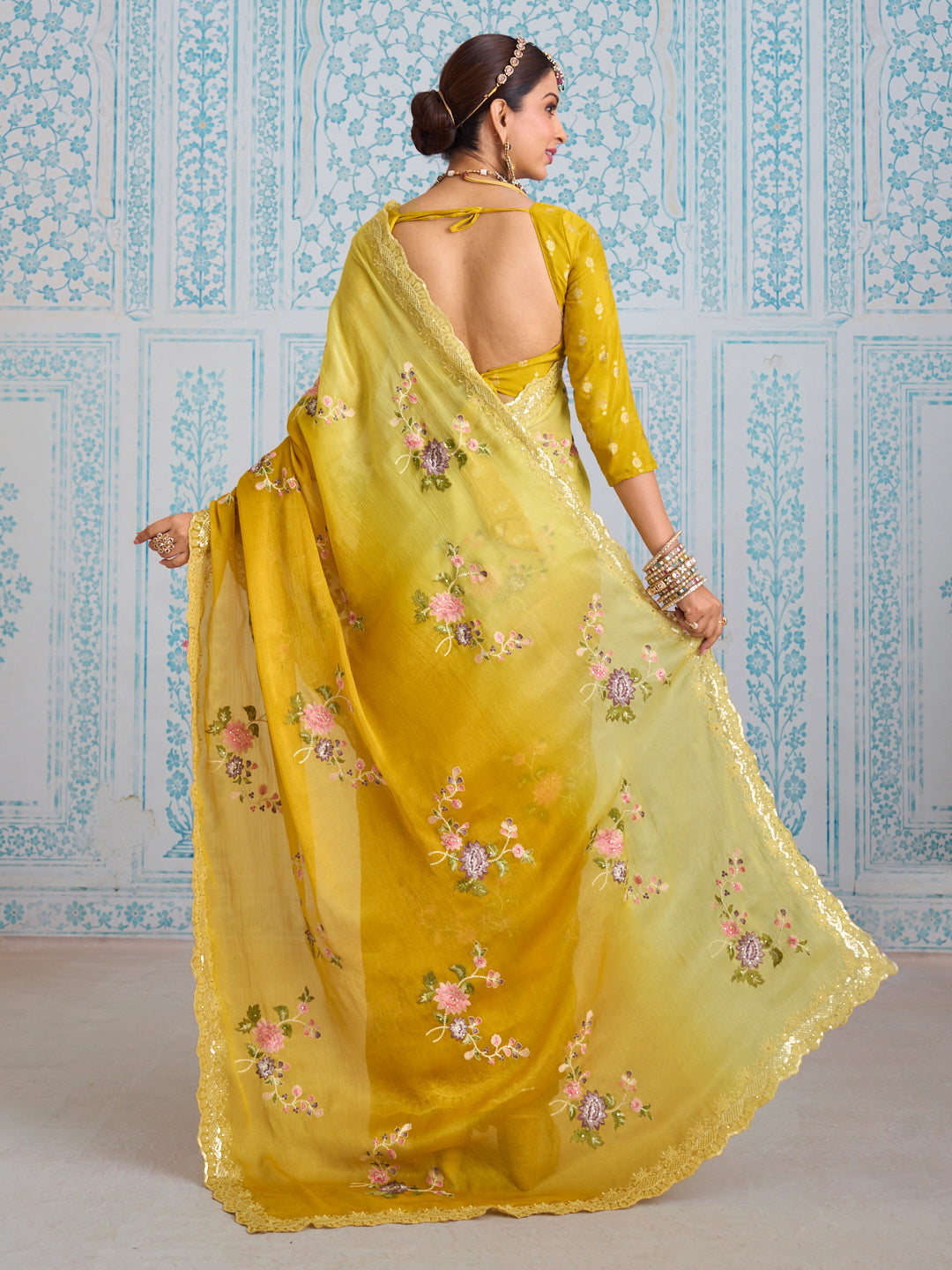 Laxmipati Aanya Yellow Chiffon Embroidered Saree