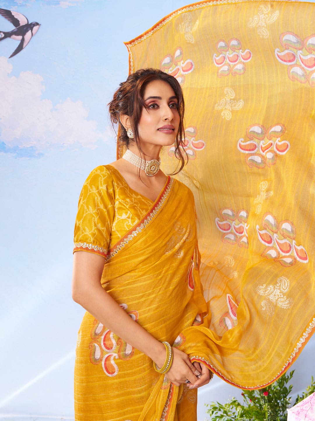 Yellow zari silk saree bridal wear