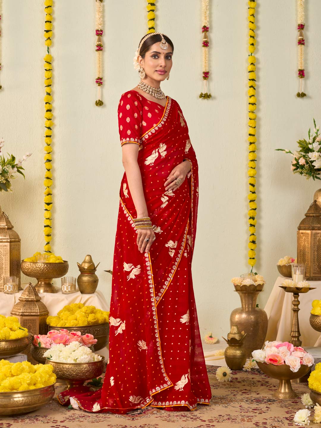 Red bandhani printed georgette saree casual wear