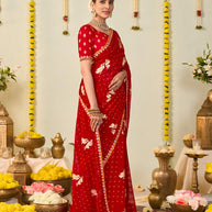 Red bandhani printed georgette saree casual wear