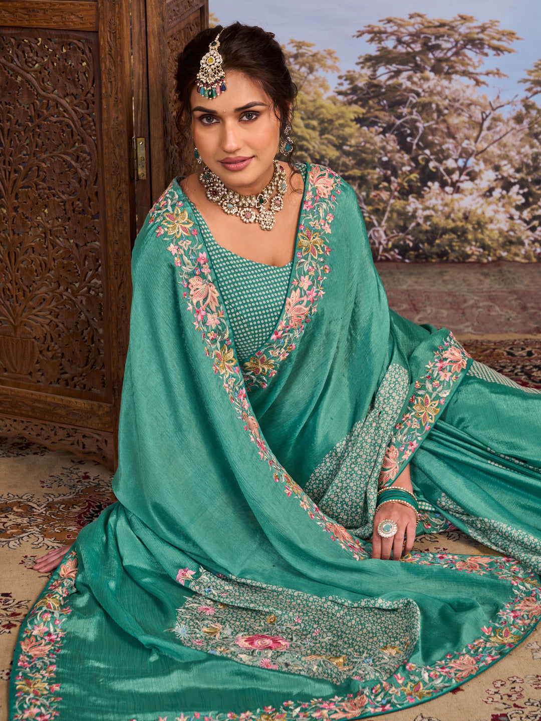Blue floral embroidered silk blend saree wedding wear