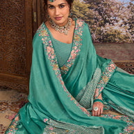 Blue floral embroidered silk blend saree wedding wear