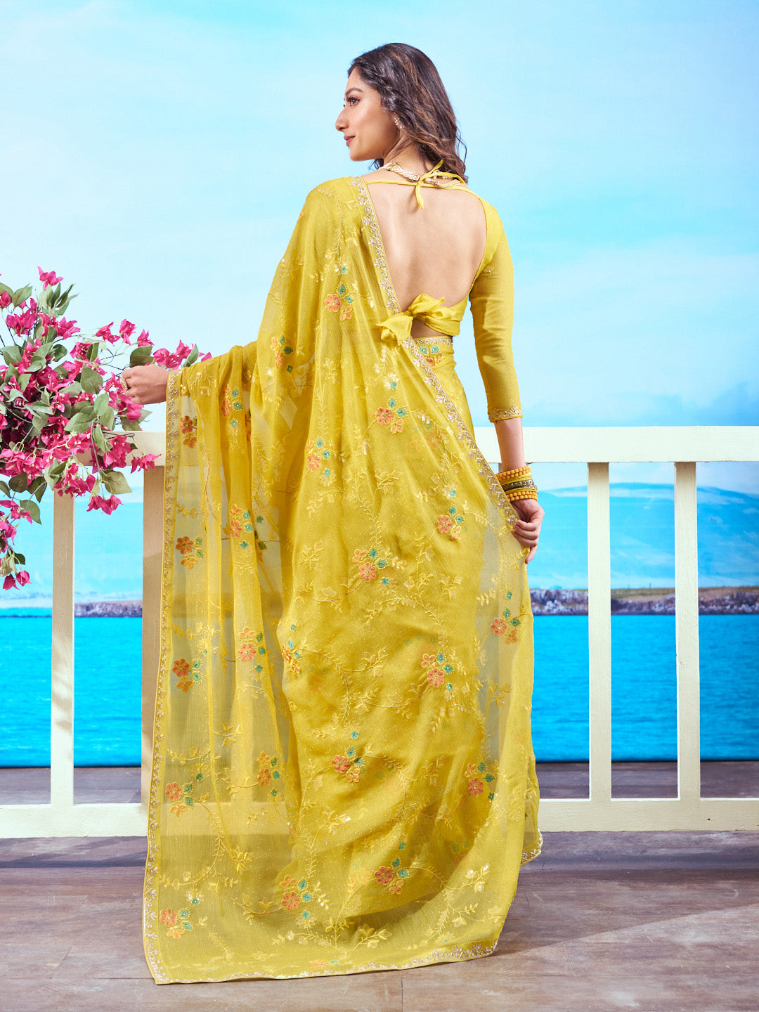 Yellow floral embroidered chiffon saree haldi wear