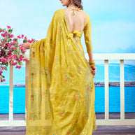 Yellow floral embroidered chiffon saree haldi wear