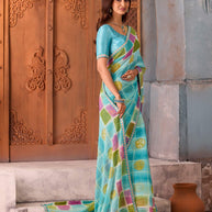 Blue checkered chiffon saree daily wear