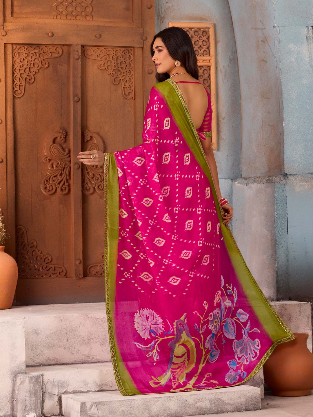 Pink floral printed chiffon saree daily wear