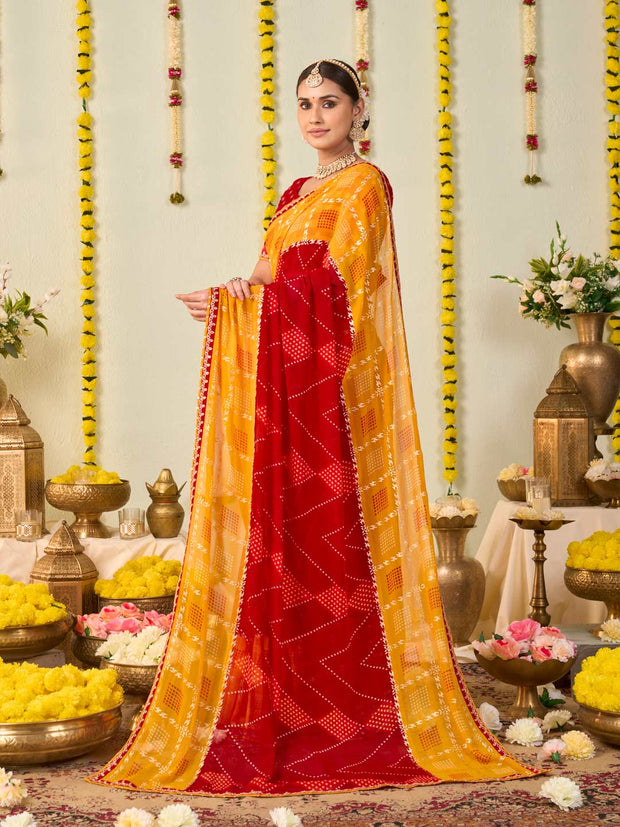 Red bandhani printed georgette saree daily wear