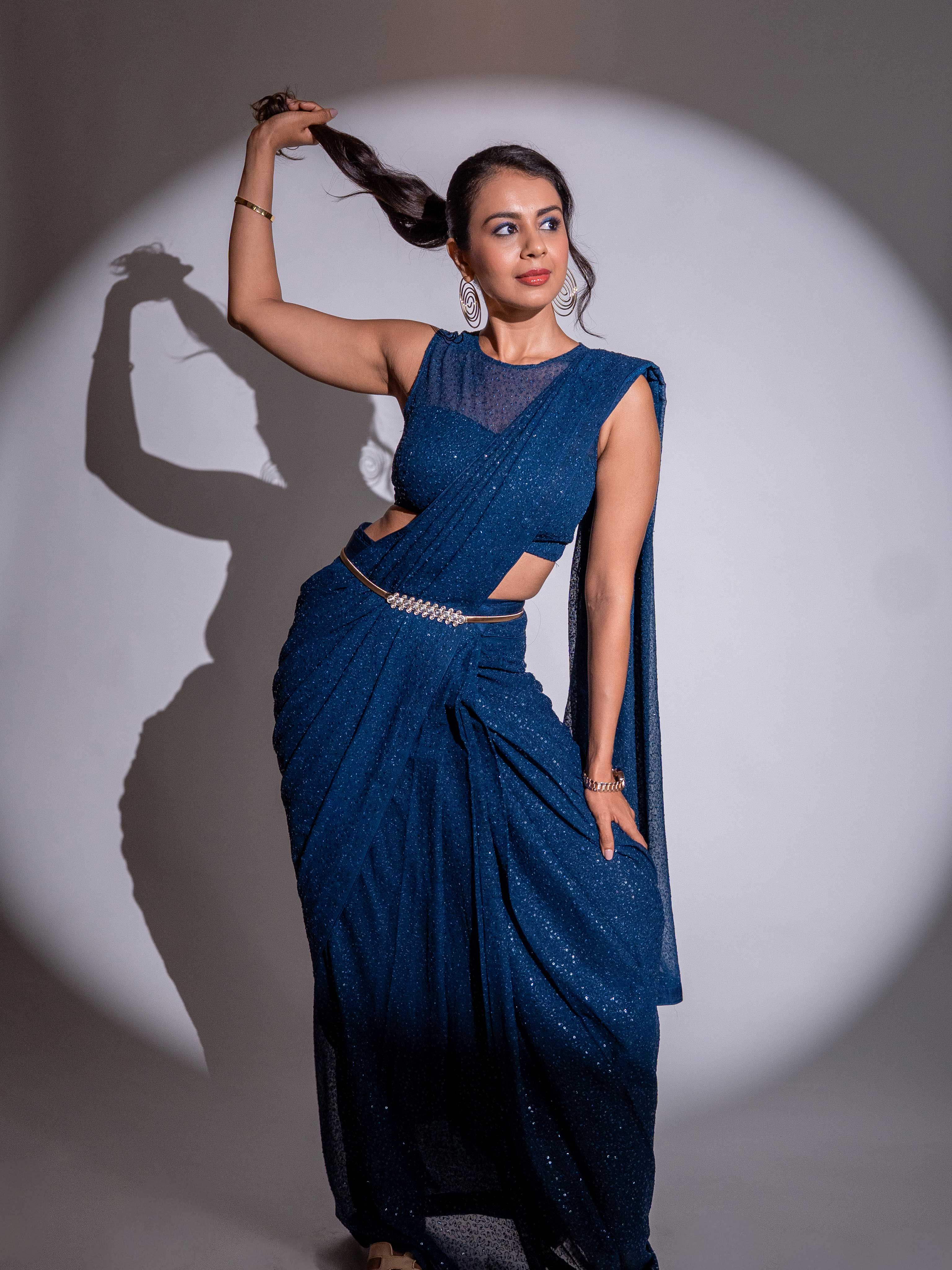 Blue sequin embroidered georgette saree festive wear