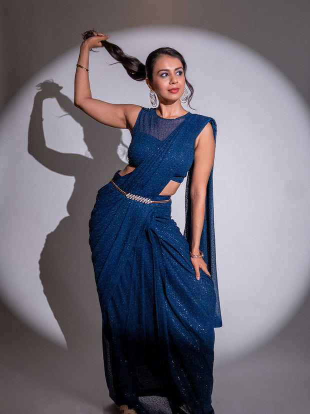 Blue sequin embroidered georgette saree festive wear
