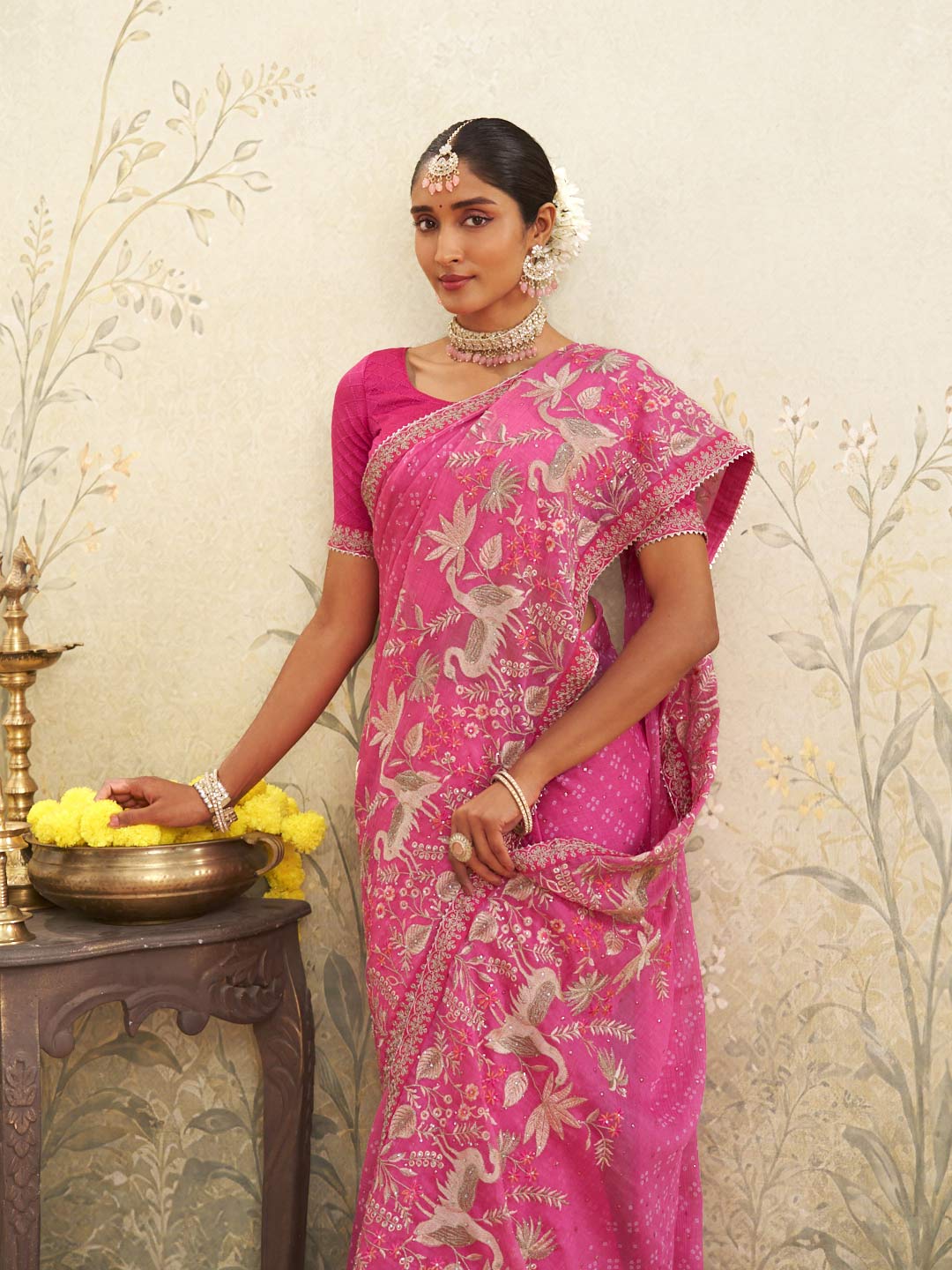 Pink embroidered chiffon saree wedding wear