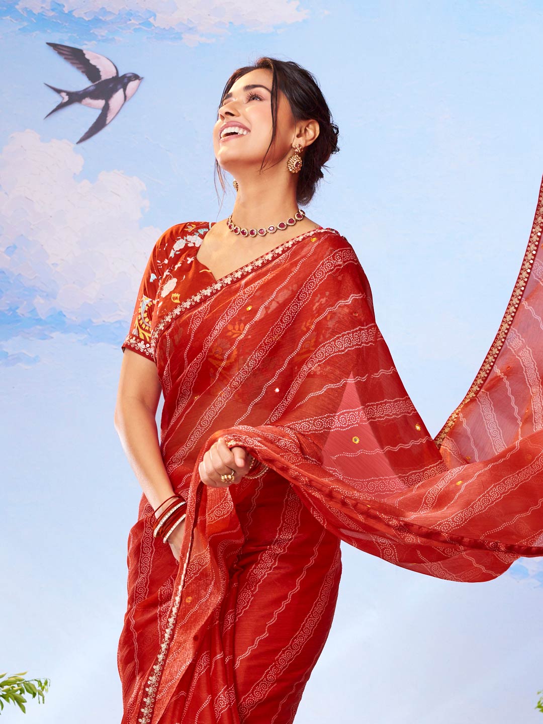 Red geometric printed silk blend saree ethnic wear