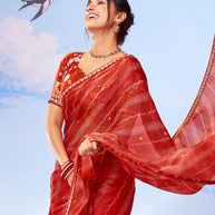 Red geometric printed silk blend saree ethnic wear